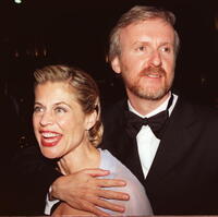 Linda Hamilton and James Cameron celebrates at the Titanic party.