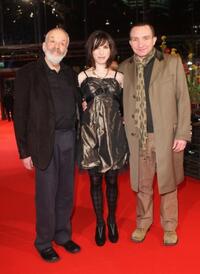 Mike Leigh, Sally Hawkins and Eddie Marsan at the premiere of "Happy-Go-Lucky" during the 58th International Berlinale Film Festival.