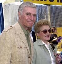 Charlton Heston and his wife Lydia at the premiere of "Cats & Dogs."