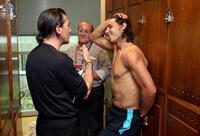 Antonio Banderas and Rafael Nadal at the French Tennis Open quarter final match.