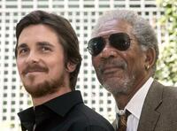 Christian Bale and Morgan Freeman at the photocall of "Batman Begins."