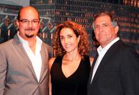 Anthony Zuiker, Melina Kanakaredes and Les Moonves at the CSI: NY 100th episode celebration.