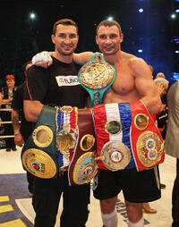 Wladimir Klitschko and Vitali Klitschko at the WBC Heavyweight World Championship fight in Wroclaw.