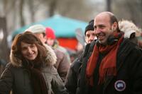 Juliette Binoche and director Cedric Klapisch on the set of "Paris."