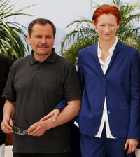 Miroslav Krobot and Tilda Swinton at the photocall of "The Man from London" during the 60th International Cannes Film Festival.