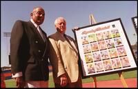 Don Newcome and Tommy Lasorda at the unveiling of "The legends of Baseball Stamps."