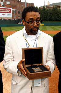 Spike Lee at AutoZone Park in Memphis with his Beacon award.