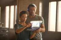 Evangeline Lilly as Bailey Tallet and Hugh Jackman as Charlie Kenton in "Real Steel."