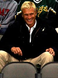 Dolph Lundgren at the game between San Jose Sharks and Dallas Stars.
