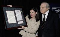 Karl Malden and Lisa Pinto at the dedication of the Barrington Station Post Office.