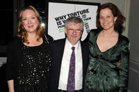 Kristine Nielsen, playwright Christopher Durang and Sigourney Weaver at the off-broadway opening night of "Why Torture is Wrong, and the People Who Love Them" in New York.