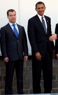 Dmitri Medvedev and Barack Obama at the meeting of G8 in L'Aquila, Italy.