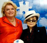 Suzanne Wright and Yoko Ono at the unveiling of her artwork entitled "Promise."