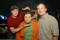 Director Brad Bird, Patton Oswalt and Brad Lewis on the set of "Ratatouille."
