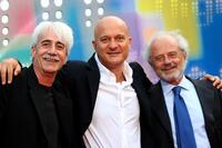 Michele Mozzati, Claudio Bisio and Gino Vignali at the Mediaset TV programming presentation.