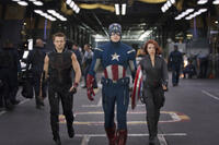 Jeremy Renner, Chris Evans and Scarlett Johansson in "The Avengers."