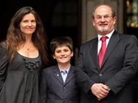 Elizabeth West, Milan Rushdie and Salman Rushdie at the High Court in London.