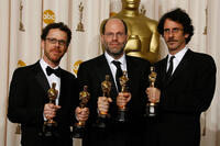 Director Ethan Coen, Scott Rudin and director Joel Coen at the 80th Annual Academy Awards.