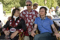 Andy Samberg, producer Lorne Michaels and director Akiva Schaffer on the set of "Hot Rod."