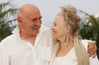 Hanna Schygulla and Tuncel Kurtiz at the photocall promoting the film "Auf Der Anderen Seite" at the Palais des Festivals during the 60th International Cannes Film Festival.