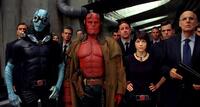 Members of the BPRD—aquatic empathy Abe (Doug Jones), Hellboy (Ron Perlman) and the pyrokinetic Liz (Selma Blair)—are joined by BPRD chief Tom Manning (Jeffrey Tambor) in "Hellboy II: The Golden Army."