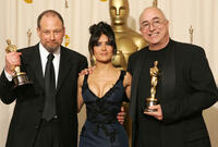Michael Silvers, Salma Hayek and Randy Thom at the 77th Annual Academy Awards.