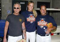 Billy Bob Thornton, Jon Lovitz and Olympic athlete Jennie Finch at the start of the 2005 Major League Baseball Legends and Celebrity game at Comerica Park.