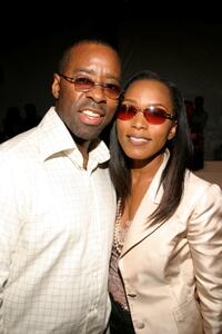 Courtney B. Vance and his wife Angela Bassett at the Pamella Roland show during Olympus Fashion Week Spring 2005.