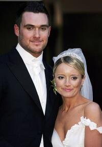 Owain Yeoman and Lucy Davis at St. Paul's Cathedral after their wedding.