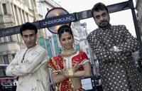 Arif Zakaria, Carol Furtado and Tony Mirchandani at the Piccadilly Circus to promote "The Merchants of Bollywood" dance show in England.