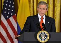 President George W. Bush at the East Room event in honor of Colombian Independence Day.