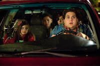 Landry Bender as Blithe, Kevin Hernandez as Rodrigo, Max Records as Slater and Jonah Hill as Noah in ``The Sitter.''