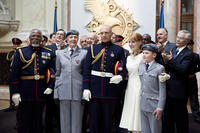 John Kani as General Cominius, Vanessa Redgrave as Volumina, Ralph Fiennes as Caius Martius, Jessica Chastain as Virgilia and Henry Fenn as Young Martius in "Coriolanus."