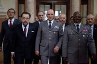 Brian Cox as Menenius, Ralph Fiennes as Caius Martius and John Kani as General Cominius in "Coriolanus."