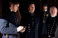 Oliver Jackson-Cohen as John Cantrell, Luke Evans as Detective Fields and Jimmy Yuill as Captain Eldridge in ``The Raven.''