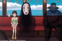 Chihiro and a transparent spirit named "No-Face" travel by train to the home of Yubaba's more compassionate twin sister sorceress, Zeniba.