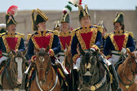 General Santa Anna (Emilio Echevarra, center right), flanked by (left to right) Gen. Ramirez y Sesma (Harry Weeks), Col Jose Batres (Mauricio Zatarin), and Gen. Castrillon (Castullo Guerra) in "The Alamo."
