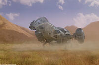 Transport-for-hire ship "Serenity" attempts to land on rocky terrain in an alien world.