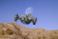 Transport-for-hire ship "Serenity" attempts to lift off from rocky terrain on an alien world.