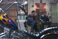 Director Mark Steven Johnson and Nicolas Cage on the set of the film "Ghost Rider."