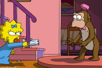 Maggie goes to extreme lengths to protect her family from the troublemaking simian Mr. Teeny in "The Simpsons Movie."