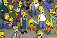 The residents of Springfield look up in awe and fear as a disaster affecting their entire town is contained in "The Simpsons Movie."