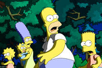 Lisa, Maggie, Marge, Homer and Bart flee Springfield in the dark of night in "The Simpsons Movie."