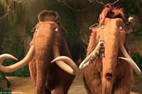 Mammoths Manny (voice of Ray Romano) and Ellie (voice of Queen Latifah) with possums Crash (voice of Seann William Scott) and Eddie (voice of Josh Peck) in "Ice Age: Dawn of the Dinosaurs."