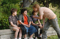 Emmit (David Dorfman), Ryan (Troy Gentile) and Wade (Nate Hartley) are coached by their “bodyguard” Drillbit Taylor (Owen Wilson) in "Drillbit Taylor."