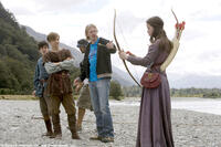 Skandar Keynes, William Moseley, Andrew Adamson and Anna Popplewell on the set of "The Chronicles of Narnia: Prince Caspian."