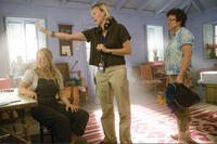 MERYL STREEP as Donna Sheridan, director PHYLLIDA LLOYD and JULIE WALTERS as Rosie Rice on the set of "Mamma Mia!"