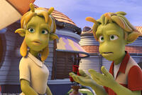 Neera (voiced by Jessica Biel) and Lem (voiced by Justin Long) in "Planet 51."