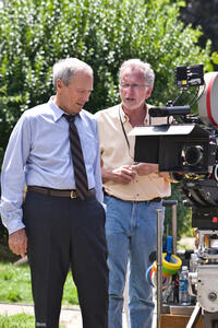 Director Clint Eastwood and director of photographer Tom Stern on the set of "Gran Torino."