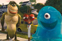 Will Arnett as The Missing Link, Hugh Laurie as Dr. Cockroach, Ph.d. and Seth Rogen as B.O.B. in "Monsters Vs. Aliens."
